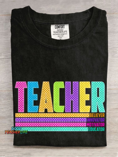 Colorful Checkerboard Teacher Casual Print T-shirt