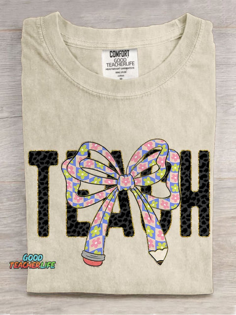 Preppy Floral Teacher Coquette Bow Casual Print T-shirt