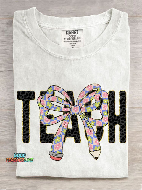 Preppy Floral Teacher Coquette Bow Casual Print T-shirt