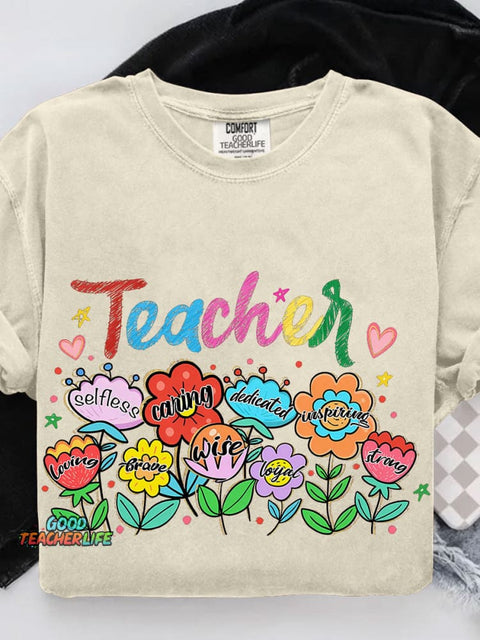 Floral Teacher Last Day Of School Preppy Teacher Life Casual Print T-shirt