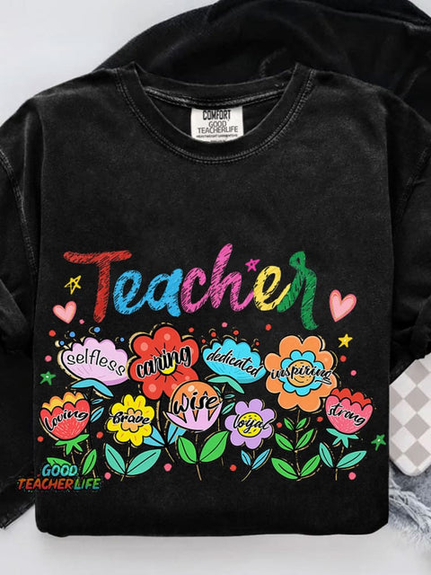 Floral Teacher Last Day Of School Preppy Teacher Life Casual Print T-shirt