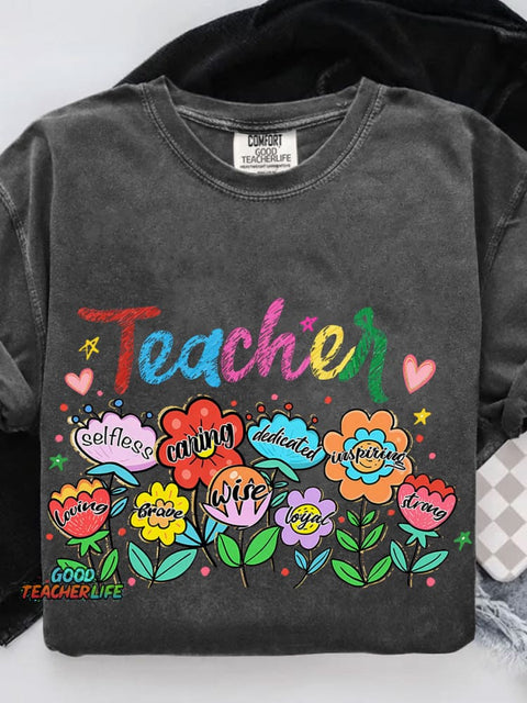 Floral Teacher Last Day Of School Preppy Teacher Life Casual Print T-shirt