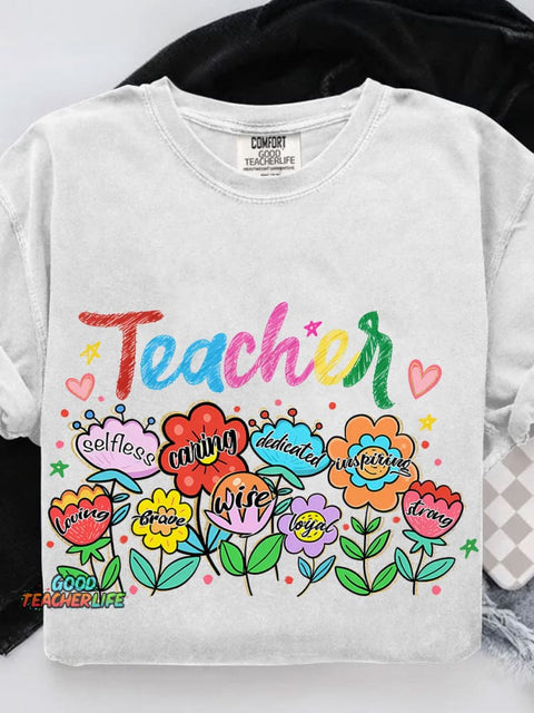 Floral Teacher Last Day Of School Preppy Teacher Life Casual Print T-shirt
