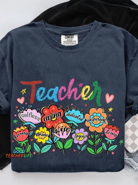 Floral Teacher Last Day Of School Preppy Teacher Life Casual Print T-shirt