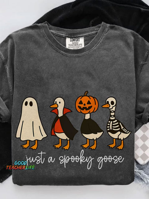 Just A Spooky Goose Funny Halloween Goose Casual Print T-shirt