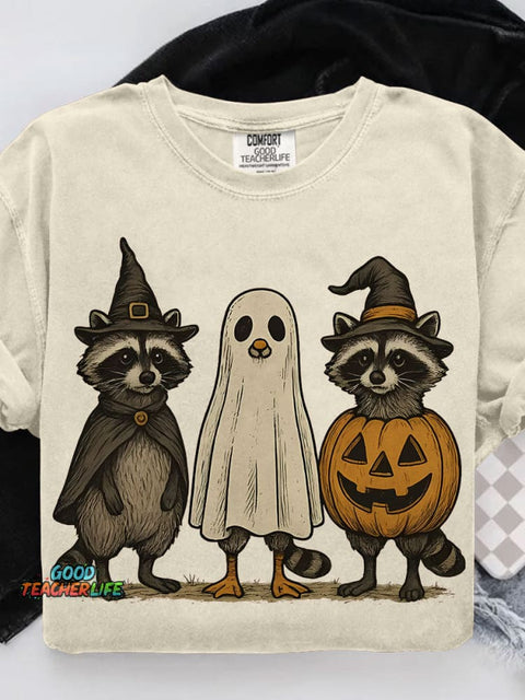 Boo Ghost Raccoon Halloween Casual Print T-shirt