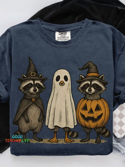 Boo Ghost Raccoon Halloween Casual Print T-shirt