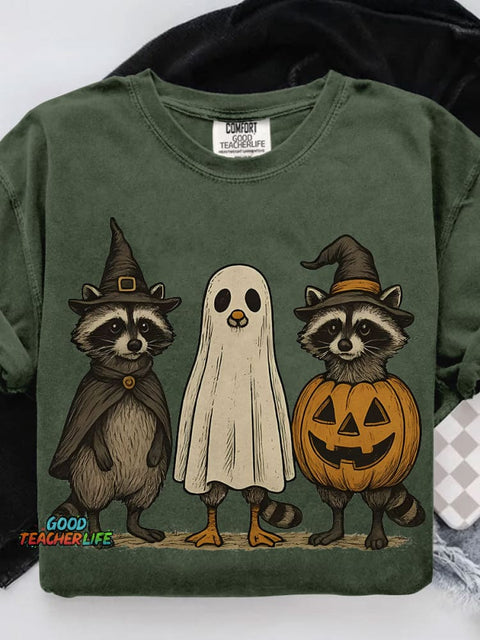 Boo Ghost Raccoon Halloween Casual Print T-shirt