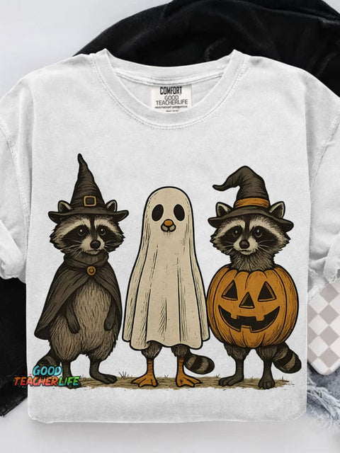 Boo Ghost Raccoon Halloween Casual Print T-shirt