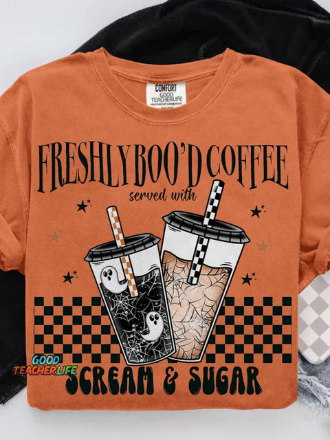 Freshly Boo’d Coffee Coffee Halloween Casual Print T-shirt