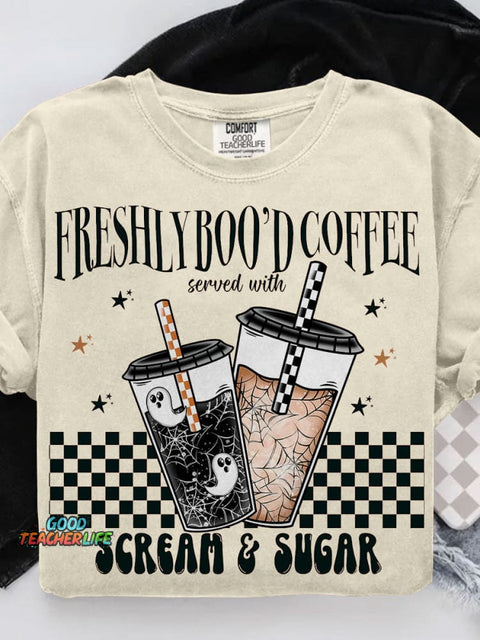 Freshly Boo’d Coffee Coffee Halloween Casual Print T-shirt