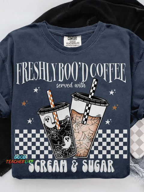 Freshly Boo’d Coffee Coffee Halloween Casual Print T-shirt