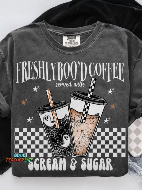 Freshly Boo’d Coffee Coffee Halloween Casual Print T-shirt