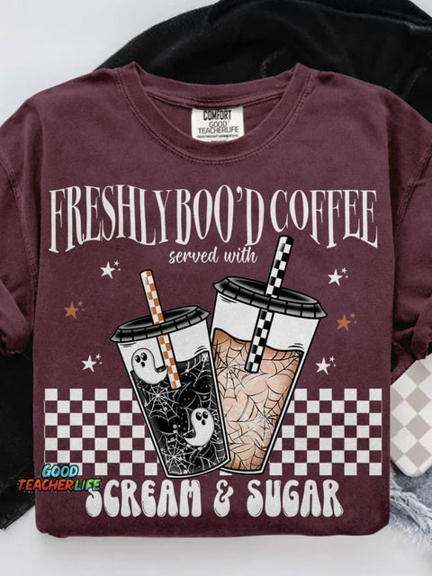Freshly Boo’d Coffee Coffee Halloween Casual Print T-shirt