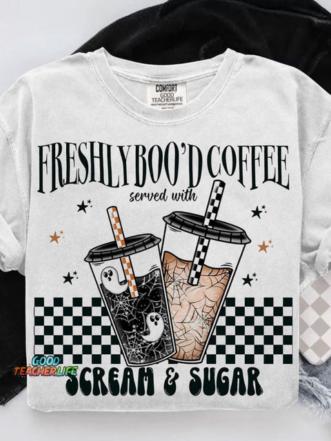 Freshly Boo’d Coffee Coffee Halloween Casual Print T-shirt