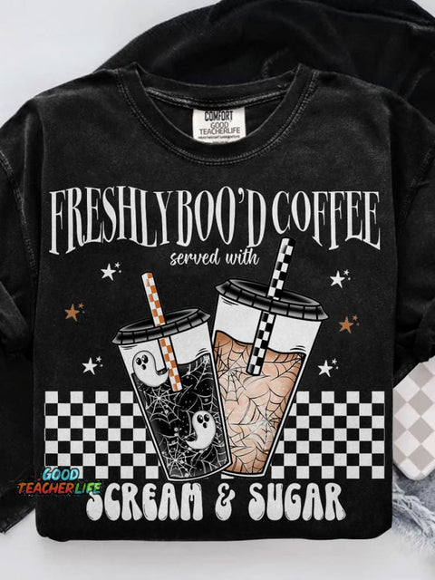 Freshly Boo’d Coffee Coffee Halloween Casual Print T-shirt