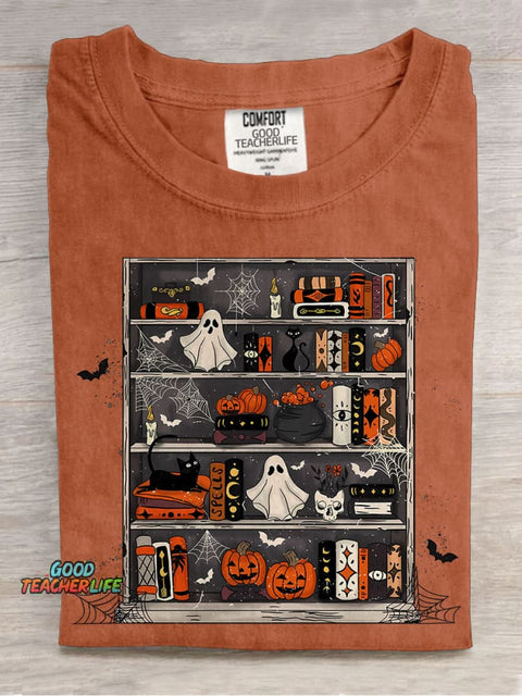 Halloween Spooky Bookshelf Casual Print T-shirt