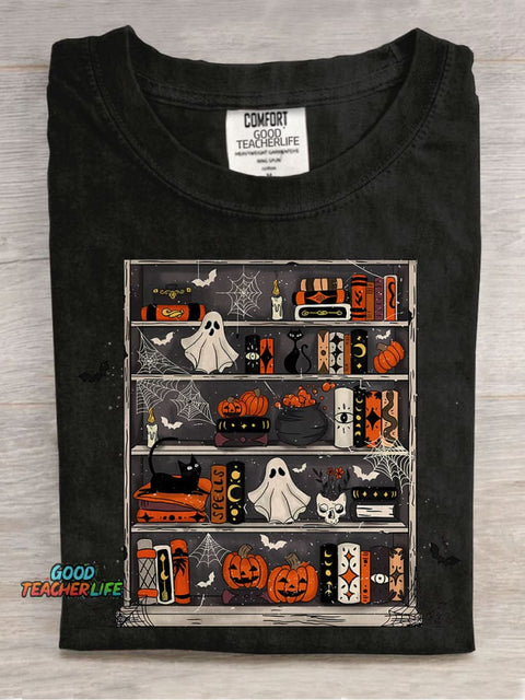 Halloween Spooky Bookshelf Casual Print T-shirt