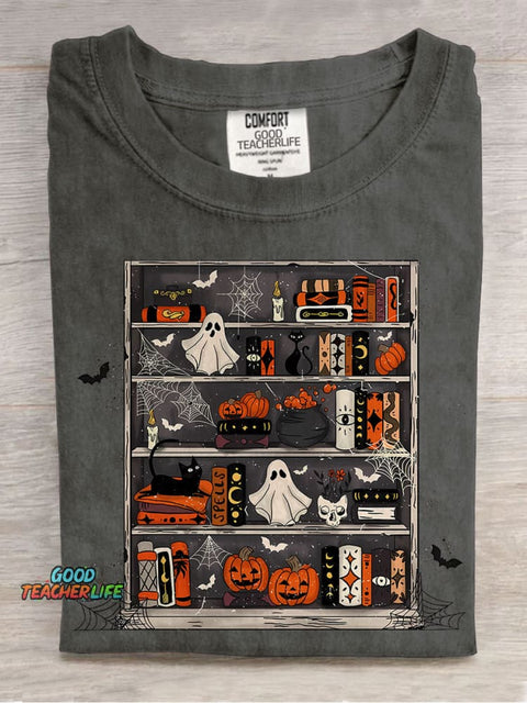 Halloween Spooky Bookshelf Casual Print T-shirt