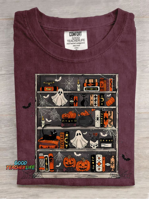 Halloween Spooky Bookshelf Casual Print T-shirt