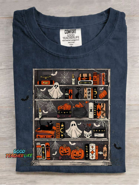 Halloween Spooky Bookshelf Casual Print T-shirt