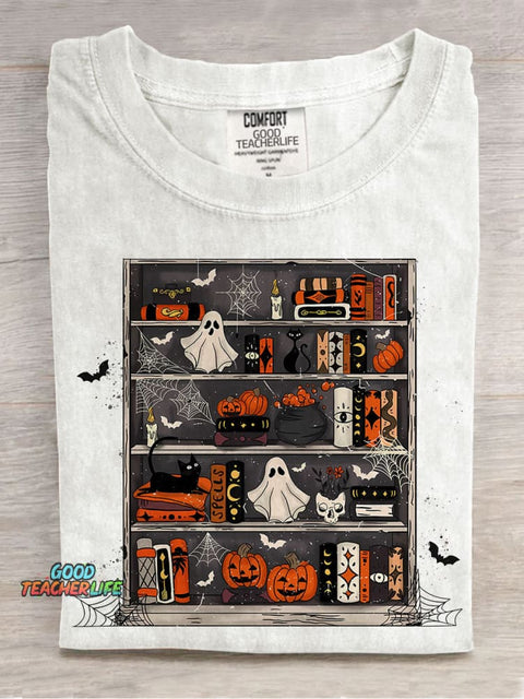 Halloween Spooky Bookshelf Casual Print T-shirt