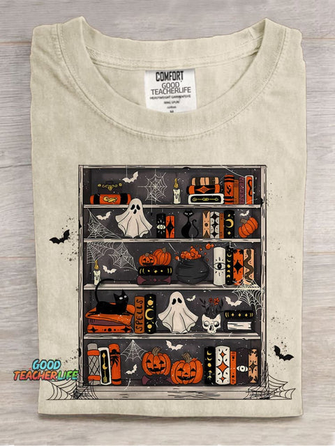 Halloween Spooky Bookshelf Casual Print T-shirt