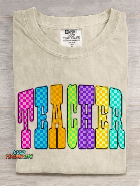 Trendy Teacher Leopard Checker Cherry Letters Casual Print T-shirt