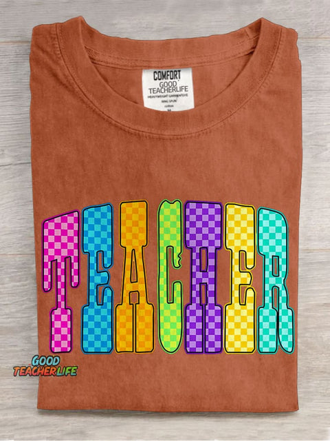 Trendy Teacher Leopard Checker Cherry Letters Casual Print T-shirt