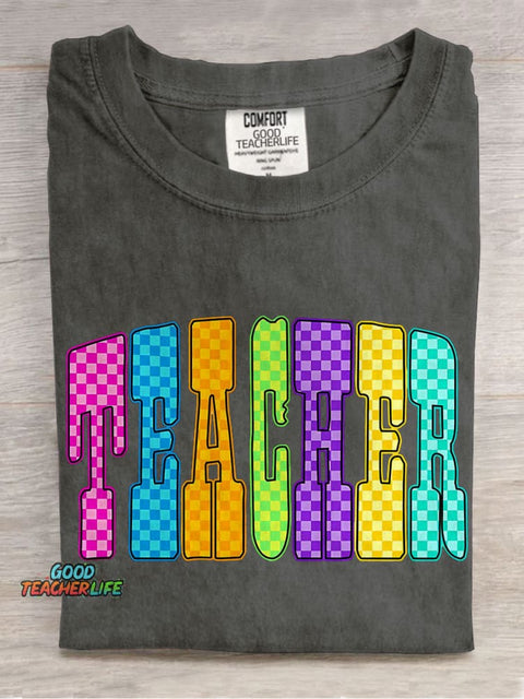 Trendy Teacher Leopard Checker Cherry Letters Casual Print T-shirt