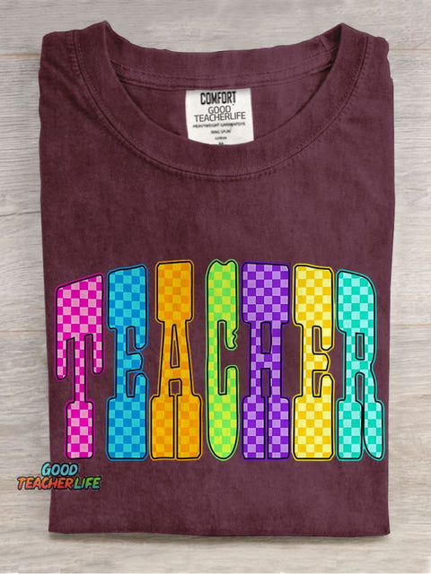 Trendy Teacher Leopard Checker Cherry Letters Casual Print T-shirt