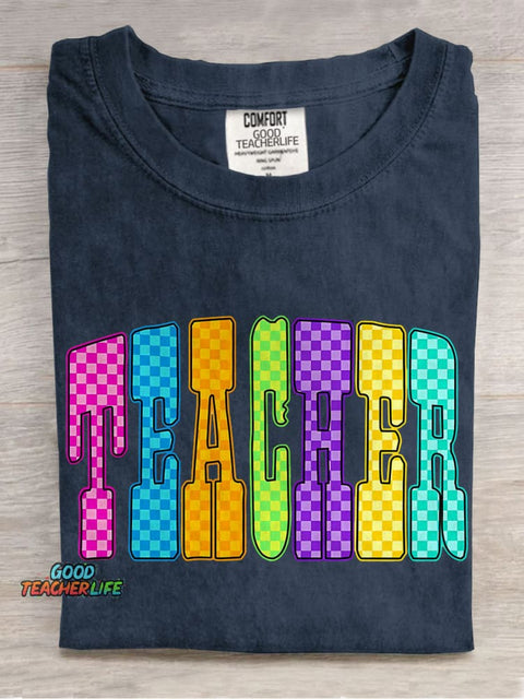Trendy Teacher Leopard Checker Cherry Letters Casual Print T-shirt