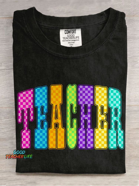 Trendy Teacher Leopard Checker Cherry Letters Casual Print T-shirt
