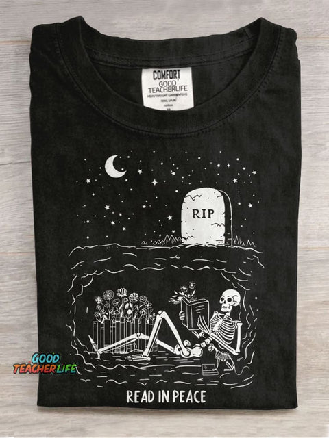 Read In Peace Halloween Casual Print T-shirt
