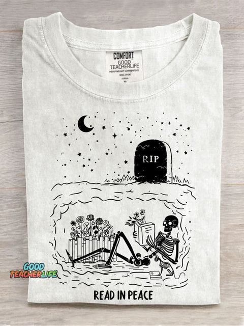 Read In Peace Halloween Casual Print T-shirt