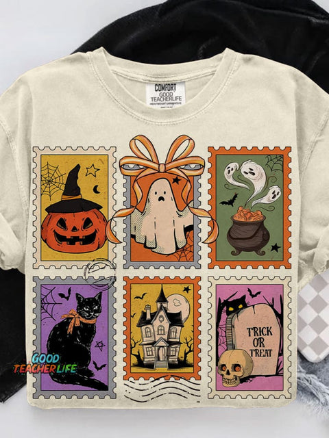 Retro Halloween Cat Ghost Girly Halloween Casual Print T-shirt