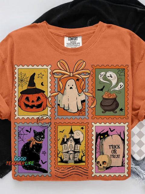 Retro Halloween Cat Ghost Girly Halloween Casual Print T-shirt