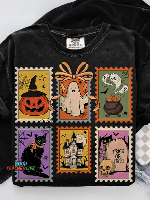 Retro Halloween Cat Ghost Girly Halloween Casual Print T-shirt