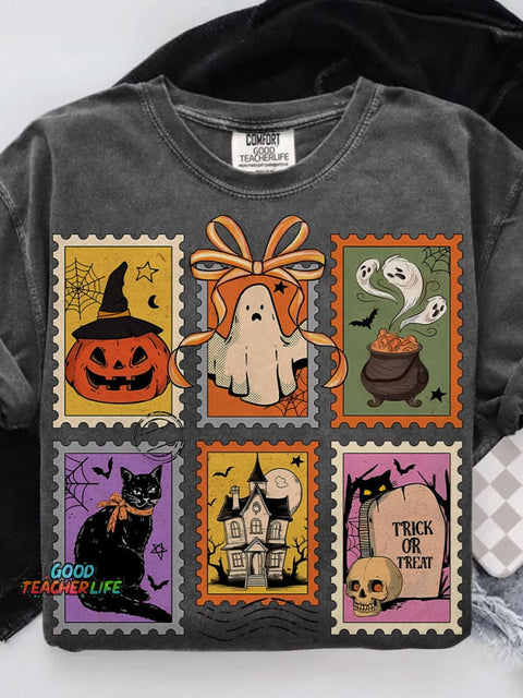 Retro Halloween Cat Ghost Girly Halloween Casual Print T-shirt