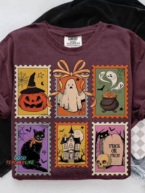 Retro Halloween Cat Ghost Girly Halloween Casual Print T-shirt