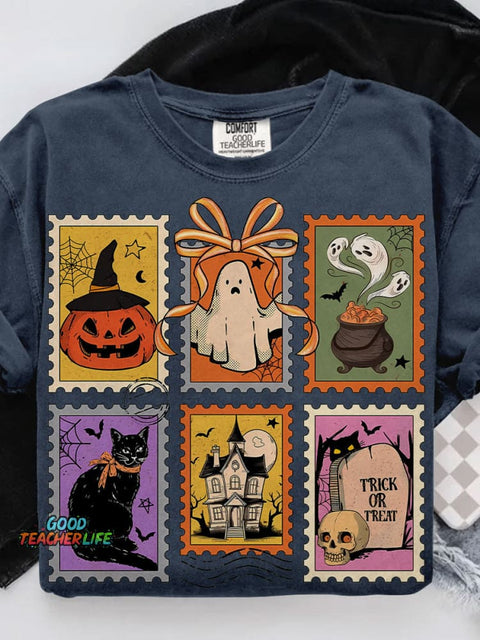 Retro Halloween Cat Ghost Girly Halloween Casual Print T-shirt