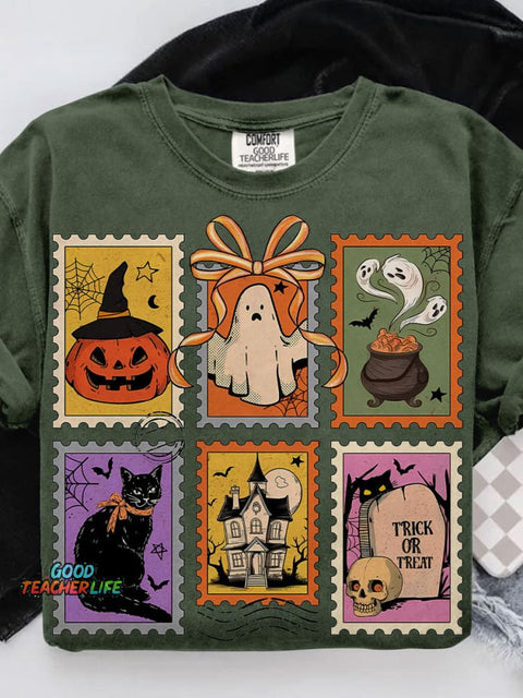 Retro Halloween Cat Ghost Girly Halloween Casual Print T-shirt