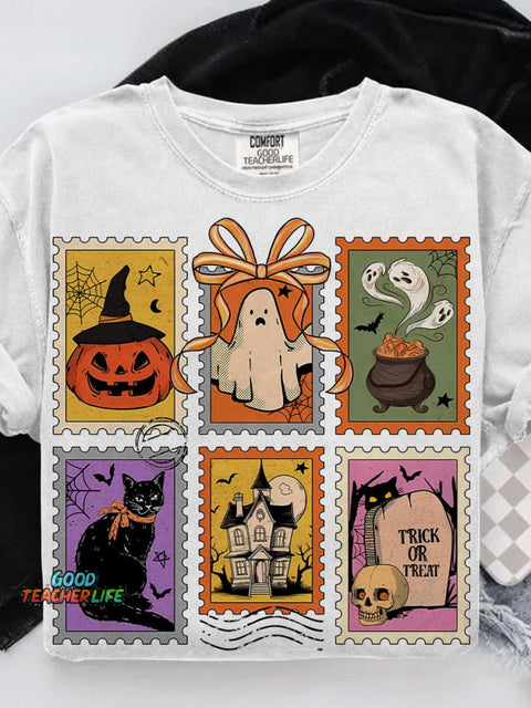 Retro Halloween Cat Ghost Girly Halloween Casual Print T-shirt
