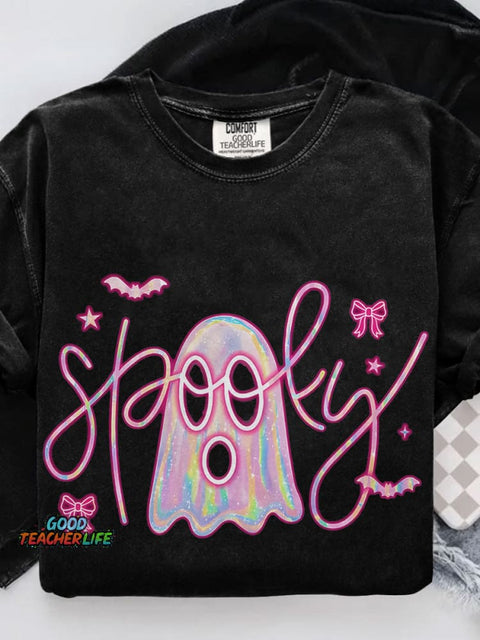 Cute Pink Neon Spooky Ghost Casual Print T-shirt