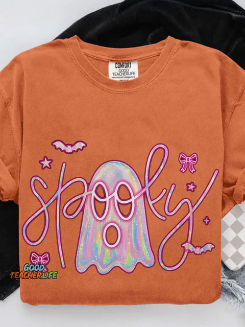 Cute Pink Neon Spooky Ghost Casual Print T-shirt