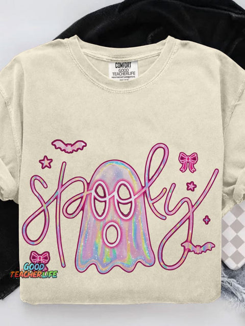 Cute Pink Neon Spooky Ghost Casual Print T-shirt