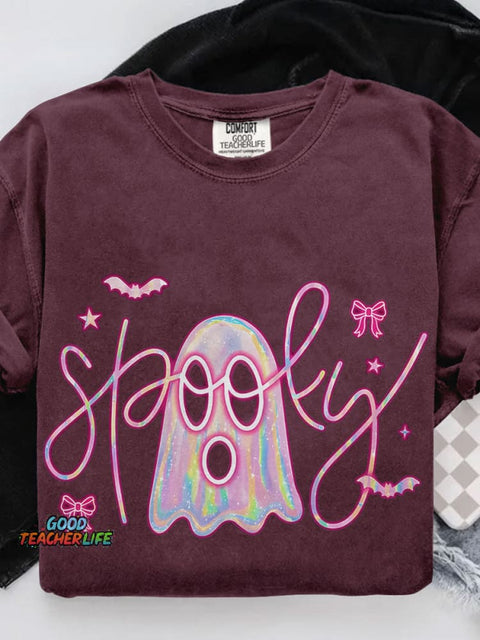 Cute Pink Neon Spooky Ghost Casual Print T-shirt