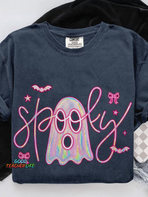 Cute Pink Neon Spooky Ghost Casual Print T-shirt