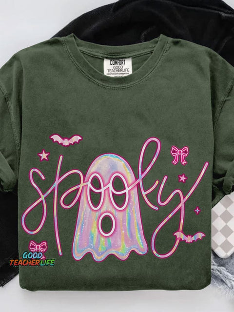 Cute Pink Neon Spooky Ghost Casual Print T-shirt