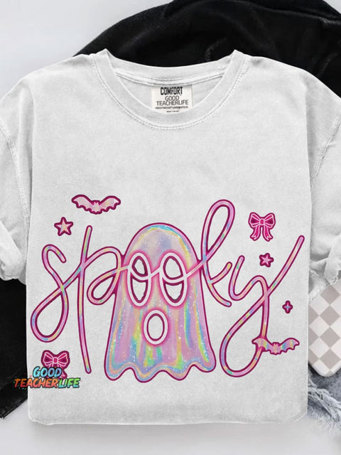 Cute Pink Neon Spooky Ghost Casual Print T-shirt